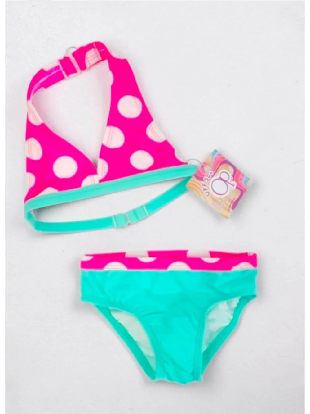 Polka Dot Halter Bikini Set Pink & Aqua Girls Swimwear UPF 50+ Protection